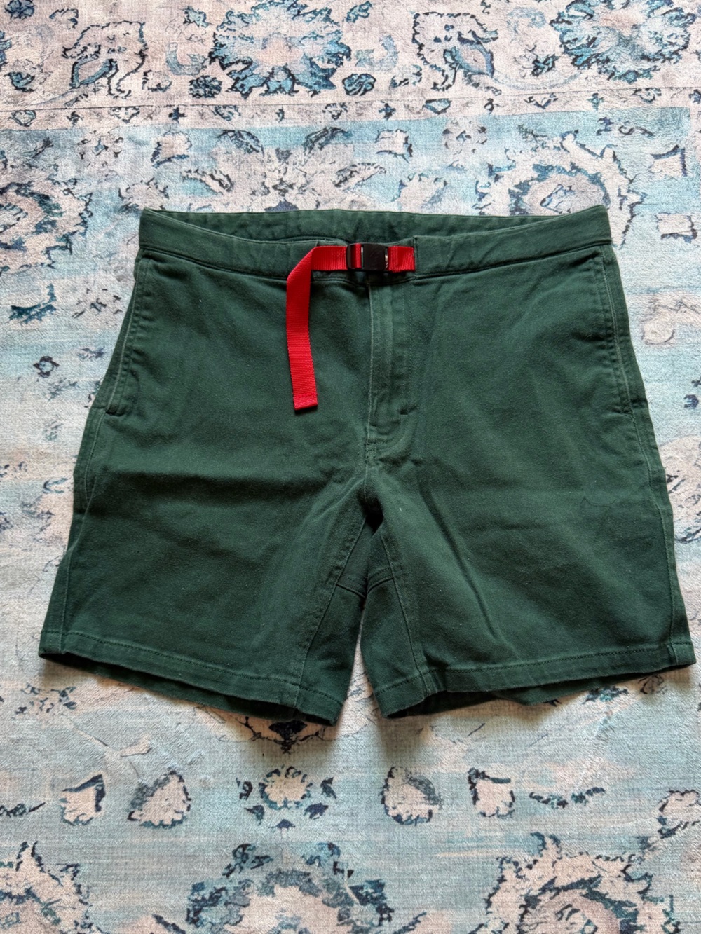 Topo Designs Forest Green Athletic Shorts with Red Webbing Belt